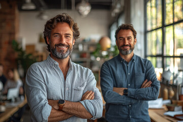 Fototapeta premium Two smiling businessmen stand confidently in an office setting.