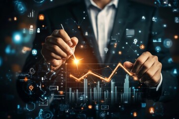 Businessman Analyzing Data with Interactive Holographic Graph