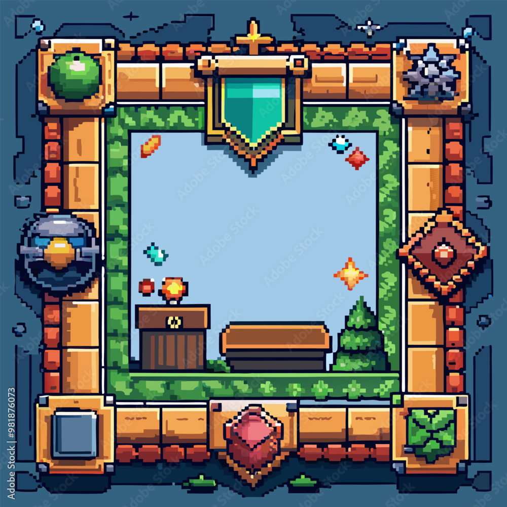 Aufkleber retro pixel game frame with fantasy elements and decorative border art