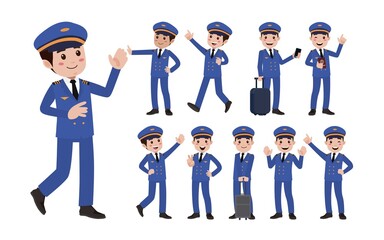 Airline pilot with different poses. vector