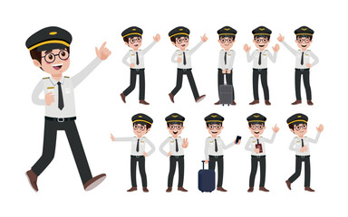 Airline pilot with different poses. vector