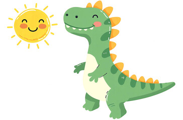 A cute cartoon-style dinosaur with a green body, green spots, and yellow spikes along its back. It has a friendly expression and stubby legs, making it appear playful and fun.
