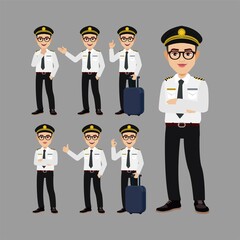 Airline pilot with different poses. vector
