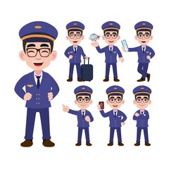 Airline pilot with different poses. vector