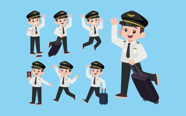 Airline pilot with different poses. vector