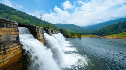 Fototapeta premium Scenic Waterfall Flowing into Serene Mountain Lake