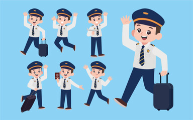 Airline pilot with different poses. vector