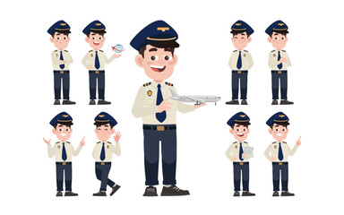 Airline pilot with different poses. vector