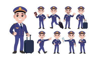 Airline pilot with different poses. vector