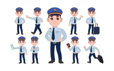 Airline pilot with different poses. vector