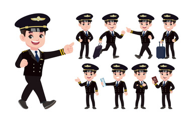 Airline pilot with different poses. vector