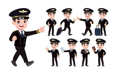 Airline pilot with different poses. vector