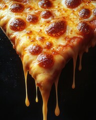 Delicious slice of cheesy pepperoni pizza with gooey cheese and crisp crust, perfect for food lovers and culinary art.