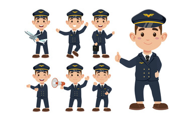 Airline pilot with different poses. vector