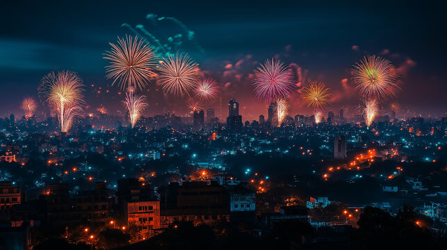 Diwali Fireworks Sky: A night sky filled with colorful fireworks, lighting up a city skyline with diyas flickering on balconies, Diwali