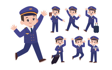 Airline pilot with different poses. vector