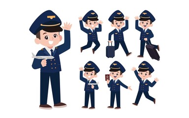 Airline pilot with different poses. vector
