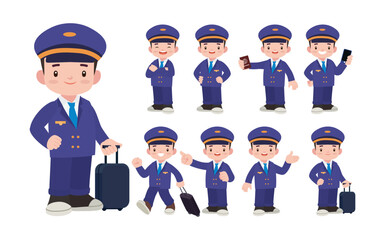 Airline pilot with different poses. vector