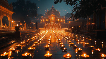 Temple and Diyas: A grand temple in the background with hundreds of diyas lighting up the steps, casting a golden glow, Diwali