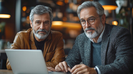 Obraz premium Two mature men collaborate on a laptop in a cafe.