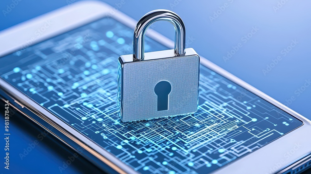 Poster smartphone security with padlock on circuit board background