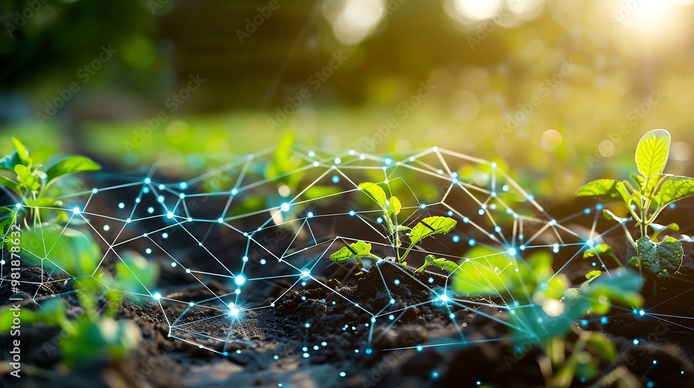 Poster ai-driven agricultural technology with farmers tracking and managing crops on smartphones, visualizi