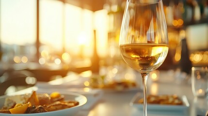Glass of White Wine on a Table with Sunset in the Background