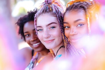 Obraz premium Joyful diverse group in multiracial society looking at camera