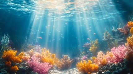 Fototapeta premium Underwater Scene with Sunbeams Illuminating Coral Reef and Fish