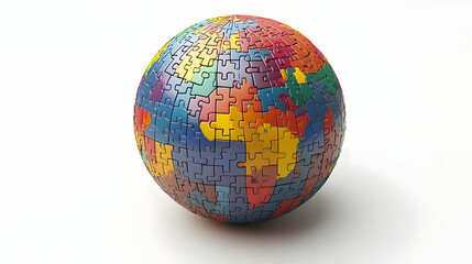3D Policy Puzzle Globe Illustration: Interlocking Policy Pieces with Detailed Icons, Zooming In on Regions, Isolated on White Background for Global Policy Information