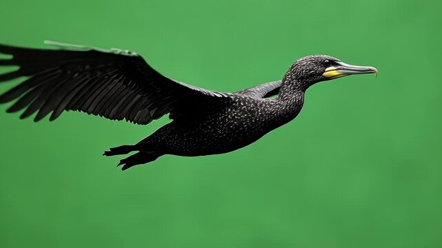 Great cormorant with open wings flying against a solid green background, ideal for easy chroma keying and image manipulation
