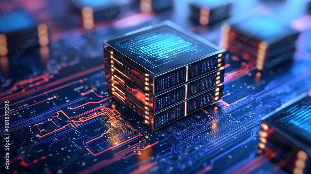 Poster futuristic data server on circuit board with glowing lights