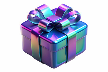 Obraz premium 3D Macro of Holographic Holiday Gift Box with Shiny Ribbon - Close-Up Shot Celebrating Christmas Joy on White Background