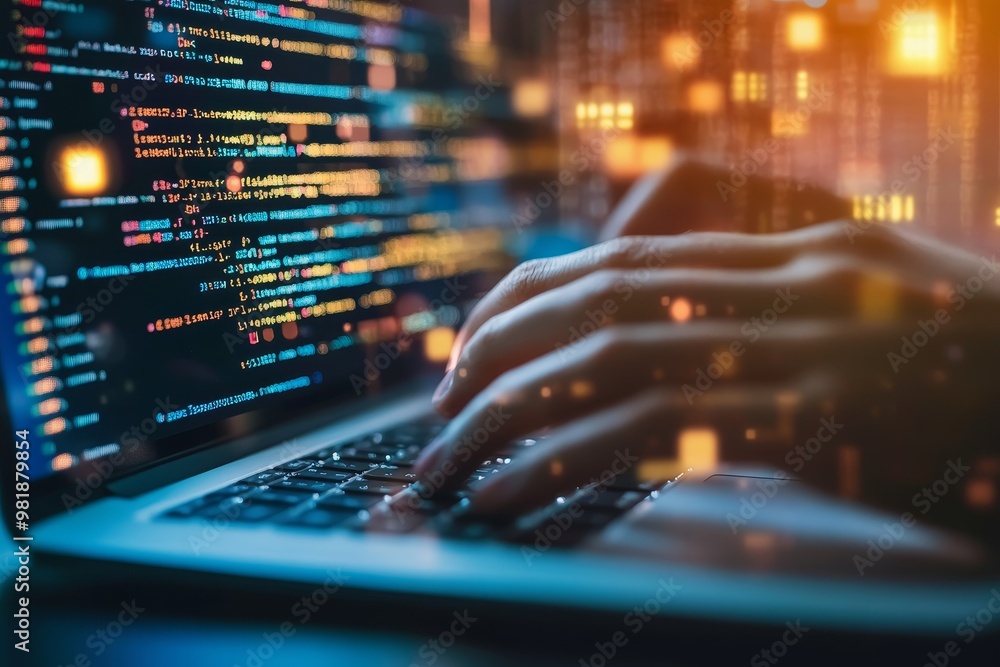 Poster close-up of hands typing on a laptop keyboard, with code visible on the screen and colorful blurred 