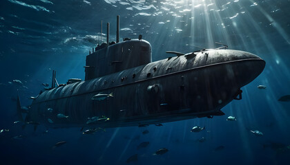 Underwater submarine navy vessel military technology dark blue water atmospheric lighting