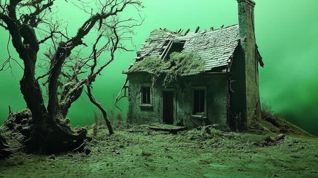 Weathered and decaying house stands beside a gnarled tree on a vibrant green screen background, ready for digital manipulation and visual effects