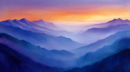 Fototapeta premium Sunset Over Blue and Purple Mountains
