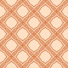 This image features a repeating geometric pattern with interwoven shapes in warm tones on a light background.