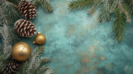 Elegant Holiday Flat Lay: Festive Design with Pine Cones, Fir Branches, and Golden Ornament on Frosty Mint Green &ndash; Perfect for a Stylish Home Poster or Seasonal Decor
