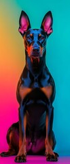 Doberman Pinscher Dog Sitting in a Neon Light Studio.