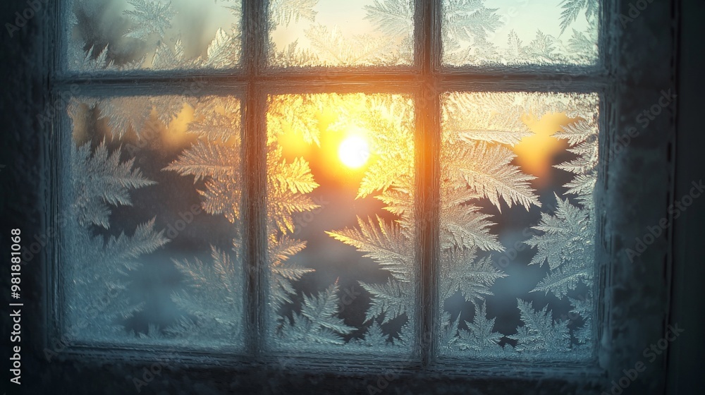 Poster frost patterns on a windowpane with a sunset visible through the glass.