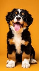 Fototapeta premium Bernese Mountain Dog Puppy Smiling On Yellow Background.