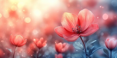 Obraz premium Delicate pink flower blossoms with soft bokeh and sunlit background