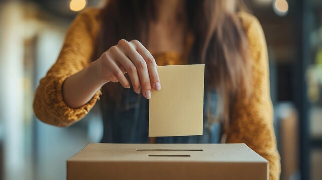 woman putting her ballot in the voting box, focus on hand