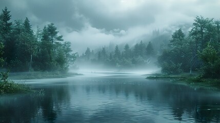 Fototapeta premium Misty Forest Lake: Tranquil Nature Photography