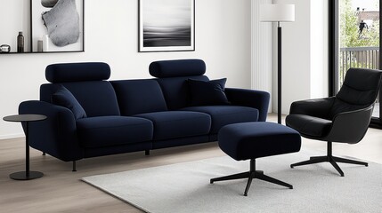 Modern Living Room Interior with Blue Sofa  Black Armchair and Floor Lamp