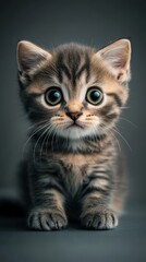 Fototapeta premium Curious Kitten: A tiny tabby kitten with wide, curious eyes sits front and center, ready to explore the world. Its soft fur and adorable expression melt hearts.