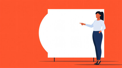 A confident businesswoman stands on stage, pointing towards blank presentation board against vibrant orange background, ready to engage her audience
