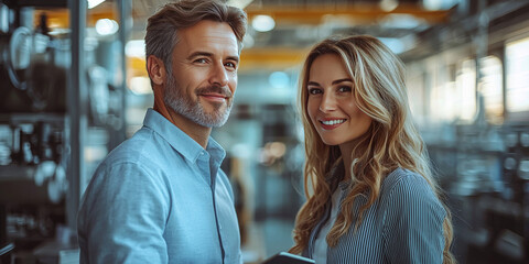 Smiling man and woman in a factory setting.