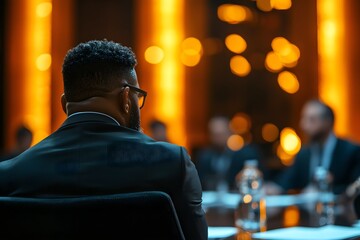 The image features a person from behind at a meeting, illuminated by soft, warm lights, focused on a group discussion.